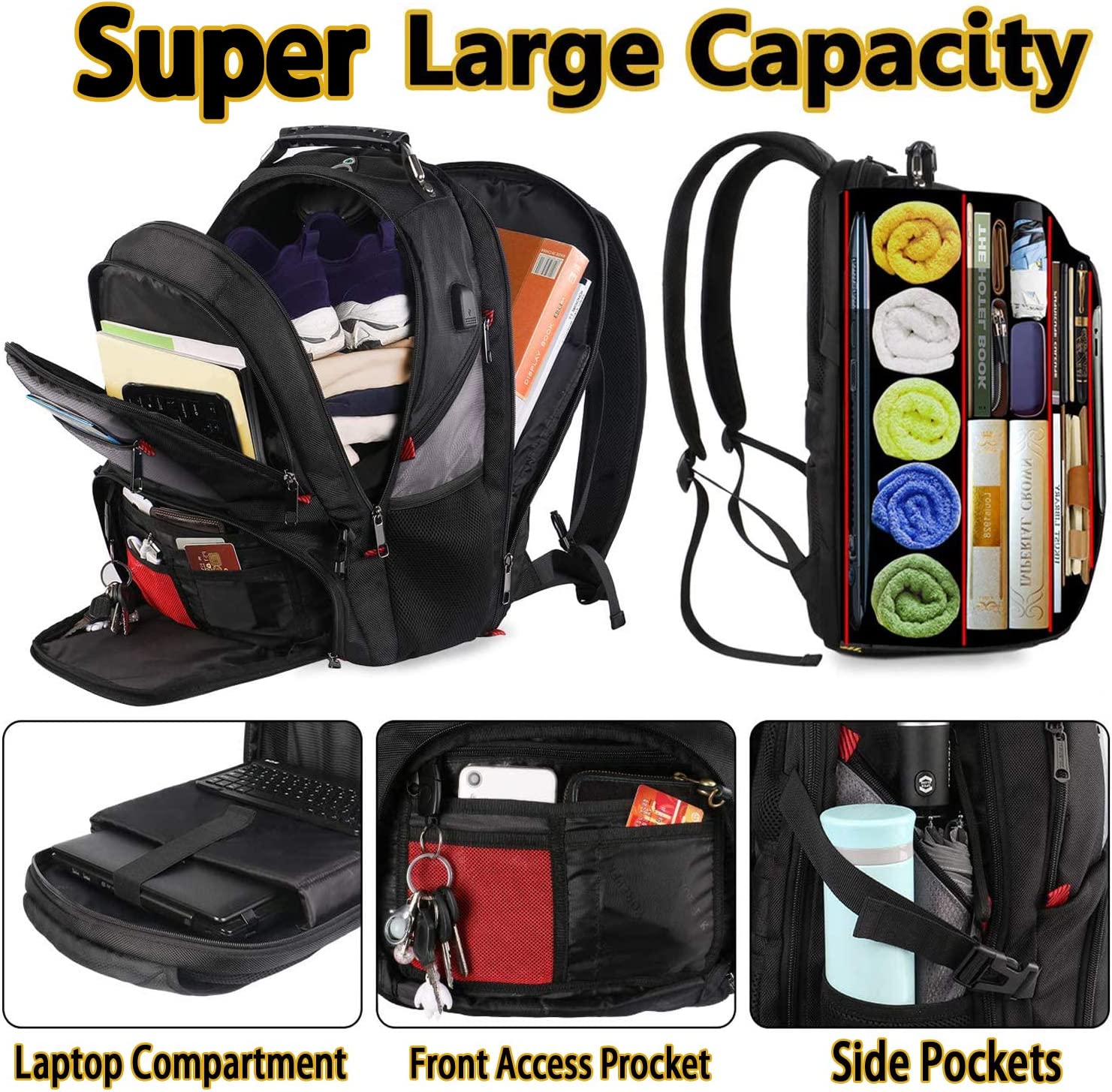 YOREPEK Travel Backpack, Extra Large 50L Laptop Backpacks for Men Women, Water Resistant College School Bookbag Airline Approved Business Work Bag with USB Charging Port Fits 17 Inch Computer, Black - Image 2